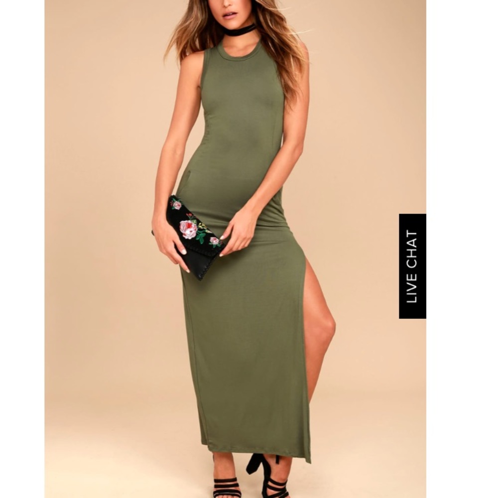 LULU’S SHIELD AND SWORD OLIVE GREEN MAXI DRESS